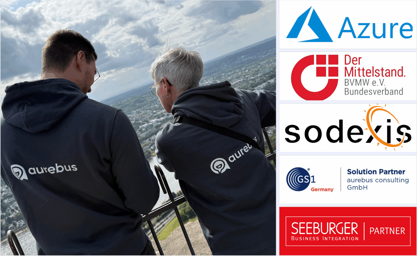 Logos of aurebus’ strategic partners: Microsoft Azure, BVMW, sodexis, GS1 Germany, SEEBURGER