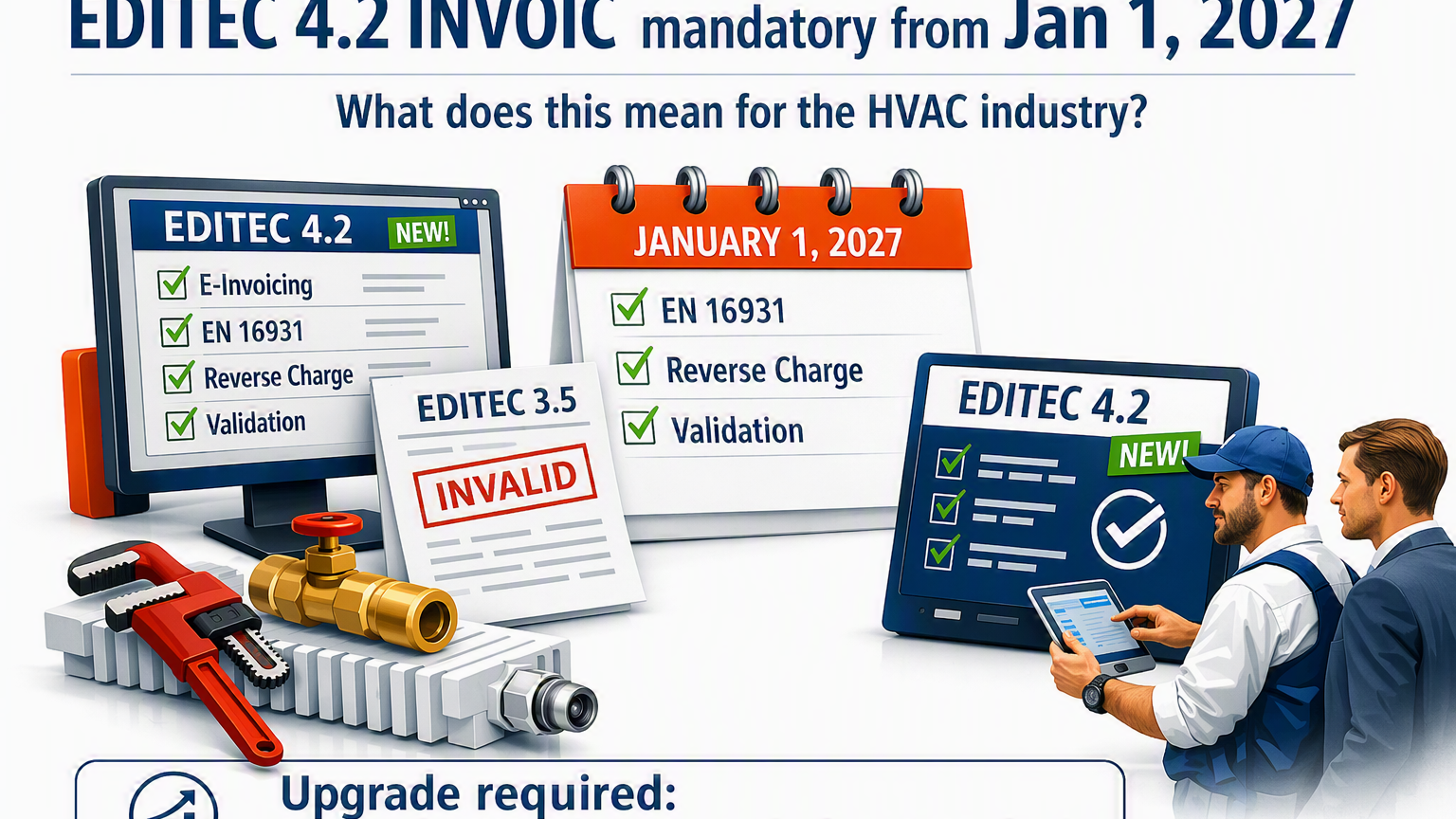 Graphic illustrating the transition to EDITEC 4.2 INVOIC from January 1, 2027 in the HVAC industry, emphasizing EN 16931 compliance, reverse charge requirements, and validation, with EDITEC 3.5 labeled as invalid.