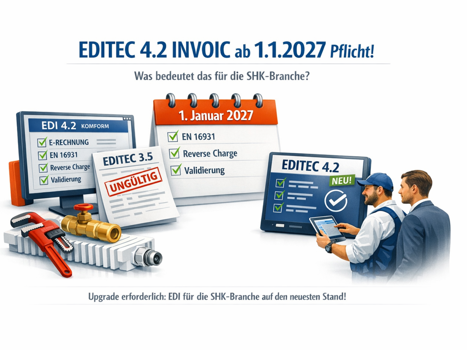 Illustration zur EDITEC‑Umstellung: EDITEC 4.2 INVOIC wird ab 1. Januar 2027 verpflichtend, mit Fokus auf EN 16931‑konforme E‑Rechnung und Bedeutung für die SHK‑Branche.