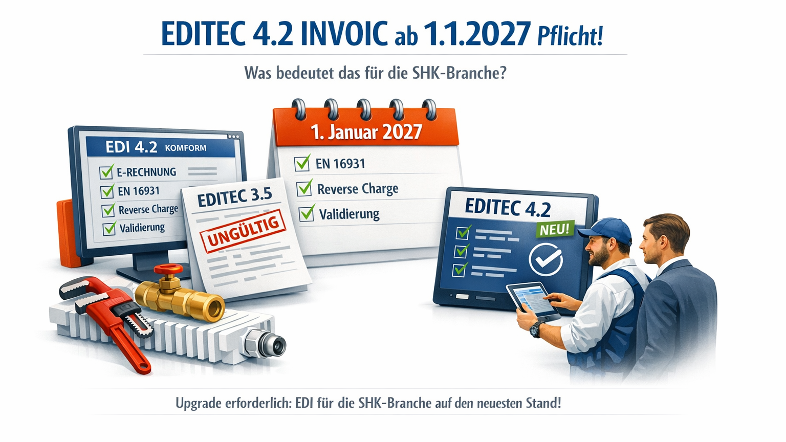 Illustration zur EDITEC‑Umstellung: EDITEC 4.2 INVOIC wird ab 1. Januar 2027 verpflichtend, mit Fokus auf EN 16931‑konforme E‑Rechnung und Bedeutung für die SHK‑Branche.