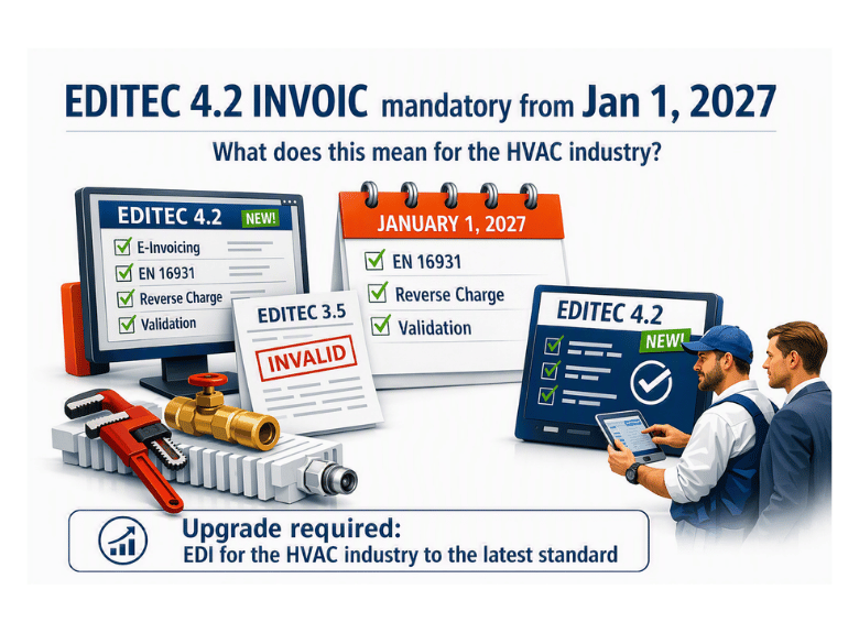Graphic illustrating the transition to EDITEC 4.2 INVOIC from January 1, 2027 in the HVAC industry, emphasizing EN 16931 compliance, reverse charge requirements, and validation, with EDITEC 3.5 labeled as invalid.
